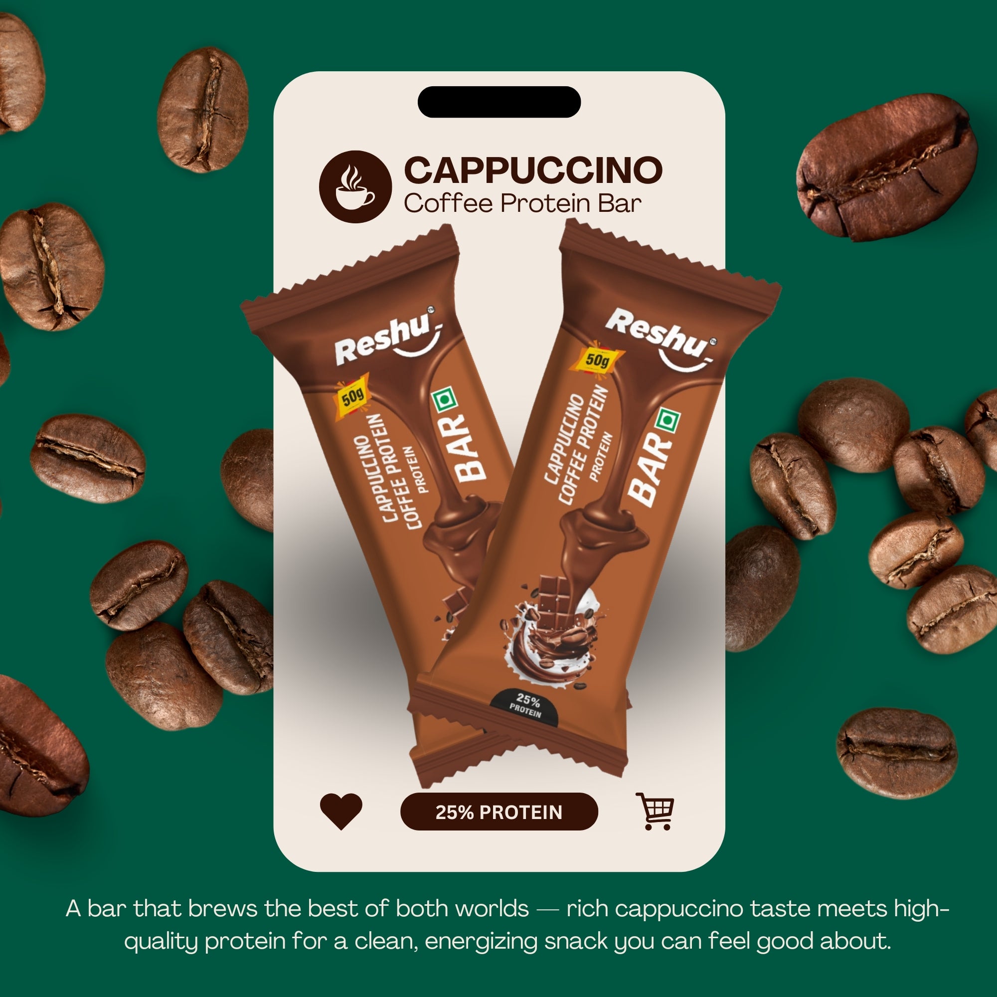 Reshu Cappuccino Coffee Protein Bar (4* 50g) | 25% High Protein Snack