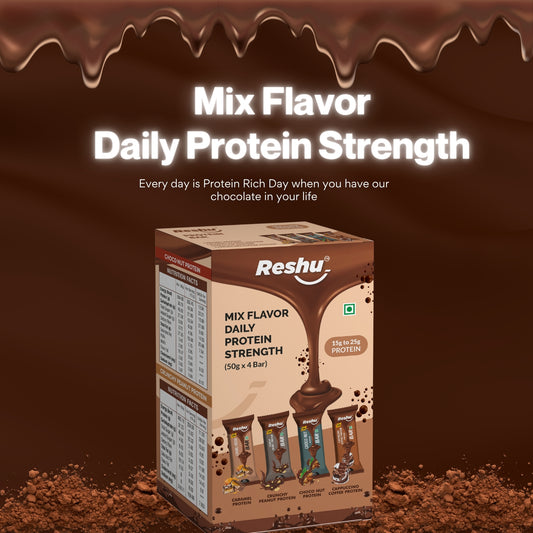Reshu Protein Bar Mix Falvours Box | Cappuccino, Caramel, Choco Nut, & Peanut (4 x 50g)